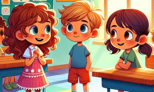Dans une salle de classe colorée, trois enfants se tiennent autour d'une grande table en bois. Emma, 8 ans, avec des cheveux bouclés et une robe rose à pois, raconte une histoire amusante. Lucas, 9 ans, aux cheveux blonds, écoute attentivement en t-shirt bleu et short rouge. Mia, 7 ans, avec des couettes, porte une jupe jaune et un t-shirt vert, un peu nerveuse mais enthousiaste. La salle est décorée de dessins colorés et baignée de lumière. Ils discutent de l'importance de la vérité, Mia s'excusant d'avoir inventé une histoire sur un éléphant, tandis qu'Emma et Lucas l'encouragent.