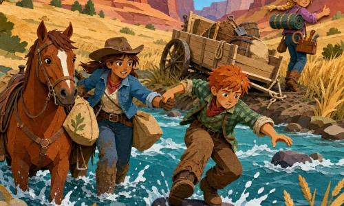 Sally, cow-girl souriante aux yeux pétillants, chapeau de feutre, veste en jean et bottes boueuses, porte des sacs de grain et aide Billy, un garçon roux glissant sur une pierre, à traverser une rivière tumultueuse pendant que Clara, une fillette à la tresse blonde, attend sur la rive opposée en encourageant, Biscuit le cheval alezan patauge prudemment à côté avec une selle usée, et une charrette en bois chargée reste embourbée sur la berge ; arrière-plan de prairie dorée et falaises rouges sous un ciel matinal clair, couleurs vives, contrastes nets et ambiance de coopération et de courage.