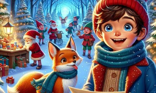 Un garçon de 9 ans, Lucas, aux cheveux châtains et aux yeux pétillants, se tient dans une forêt enchantée, entouré de flocons de neige. Il porte un bonnet rouge, une écharpe et une veste bleue, et son visage exprime excitation et émerveillement en tenant une lettre pour le Père Noël. À ses côtés, un renard à la fourrure dorée le regarde avec un sourire complice, prêt à l'accompagner. En arrière-plan, des lutins en chapeaux pointus emballent des cadeaux en chantant. La scène magique présente des arbres couverts de neige scintillante, des lumières brillantes et des ruisseaux de chocolat chaud, tandis que Lucas, plein d'excitation, se prépare à livrer sa lettre au Père Noël avec le soutien du renard et des lutins.