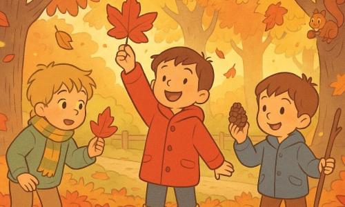 Trois garçons dans un parc d'automne : Max (environ 6 ans, cheveux bruns courts, manteau rouge, bottes jaunes) au centre brandit une grande feuille rouge en souriant, à sa gauche Léo (≈7 ans, cheveux blonds en bataille, pull vert clair, écharpe rayée) ramasse une feuille en regardant Max, à sa droite Tom (≈6 ans, cheveux châtains, veste bleue, pantalon brun) tient un bâton et montre une pomme de pin ; ils sautent dans un tapis de feuilles orange, rouges et jaunes qui tourbillonnent sous une lumière dorée de fin de journée, tandis qu'un petit écureuil brun grimpe un tronc à l'arrière-plan.