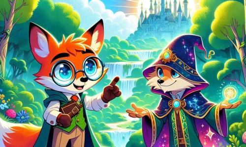 Un renard rusé aux lunettes rondes, nommé Firmin, se tient sur un rocher ensoleillé, observant la forêt verdoyante qui l'entoure. À ses côtés, un mage nommé Oronis, vêtu d'une robe lumineuse, l'encourage en levant une main vers le ciel. En arrière-plan, la forêt de Crins-Vert s'étend avec des arbres majestueux et des rayons de soleil filtrant à travers le feuillage. Firmin et Oronis se préparent à utiliser un compas ancien pour ouvrir un portail temporel, symbolisant leur mission pour sauver l'avenir de la forêt.