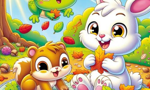 Un petit lapin nommé Léo, au pelage doux et blanc, est assis sur un tapis de feuilles colorées, souriant et ramassant des feuilles d'automne. À côté de lui, une grenouille verte avec des taches jaunes saute joyeusement, tenant une feuille. Un écureuil brun grimpe à un arbre voisin, ramassant des noix tout en observant ses amis. Le décor est un jardin d'automne avec des arbres aux feuilles dorées et rouges, un ciel bleu clair et des rayons de soleil illuminant la scène. Léo et ses amis créent un joli tapis de feuilles, riant et s'amusant ensemble.