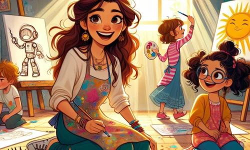 Clara, une artiste dans la trentaine avec de longs cheveux bruns en désordre et un tablier coloré, sourit joyeusement en guidant des enfants dans son atelier lumineux. Léa, une petite fille aux cheveux bouclés, dessine un soleil sur le sol, tandis que Lucas, un garçon de dix ans avec des lunettes, peint un robot sur une toile. L'atelier, chaleureux et coloré, est rempli de toiles et de lumière, créant une ambiance magique. Clara encourage les enfants à exprimer leurs émotions par la peinture, remplissant l'espace de rires et de couleurs.