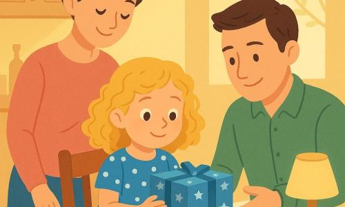 Il y a trois personnages : une petite fille de 5 ans, Lucie, avec des cheveux blonds bouclés, portant une robe bleue à pois blancs, assise à une table de cuisine, tenant une boîte décorée de papier bleu et d'étoiles ; sa maman, avec des cheveux bruns en chignon, portant un pull rose, debout à côté d'elle, souriant doucement ; et son papa, avec des cheveux courts et bruns, portant une chemise verte, assis de l'autre côté de la table, tendant une main vers la boîte. La cuisine est chaleureuse, avec des murs jaune pâle et une grande fenêtre laissant entrer la lumière du matin. Sur la table, une nappe blanche à motifs de fleurs et une petite lampe de table allumée créent une ambiance douce. La scène montre Lucie et ses parents autour de la table, découvrant ensemble la boîte des minutes ensemble, remplie de tendresse et de complicité, avec des expressions de calme et de bonheur sur leurs visages.