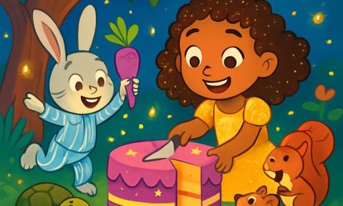 Samiya, une fille de 8 ans aux cheveux bouclés et dorés, porte une robe scintillante. Elle est émerveillée devant un énorme gâteau magique sous un figuier. À ses côtés, Biscotte, un lapin en pyjama rayé, saute joyeusement avec une carotte violette. Le jardin est illuminé par des lucioles et des fleurs colorées, créant une atmosphère féerique. La lune brille dans le ciel. Samiya découpe le gâteau, souriante, entourée d'animaux joyeux, impatients de goûter à cette délicieuse création.