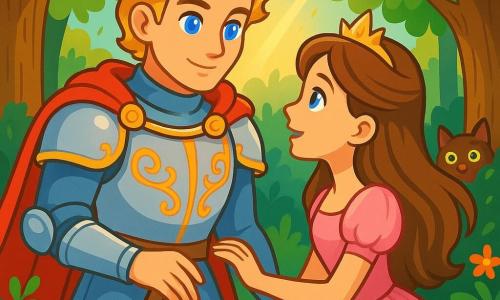 Un prince courageux d'environ 20 ans, aux cheveux blonds et aux yeux bleu azur, se tient au centre de l'image dans une armure ornée de motifs dorés et un manteau rouge. À ses côtés, une princesse d'environ 18 ans, avec de longs cheveux châtains et une robe en satin rose, le regarde avec admiration, la main tendue. La scène se déroule dans une forêt enchantée, avec des arbres majestueux et des fleurs colorées, éclairée par un rayon de soleil. Le prince se penche pour embrasser la princesse, symbolisant l'amour, tandis qu'un chat aux yeux brillants les observe depuis un buisson, ajoutant une touche de mystère.