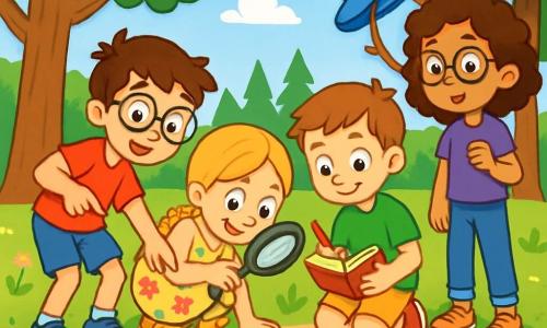 Quatre enfants sont dans un parc verdoyant : Maxime, un garçon de 8 ans aux cheveux bruns en bataille et lunettes rondes, porte un t-shirt rouge et un short bleu, et pointe des empreintes mystérieuses. Léa, 7 ans, avec de longs cheveux blonds tressés et un sourire, est accroupie en examinant les empreintes avec une loupe, vêtue d'une robe à fleurs et de sandales jaunes. Tom, 6 ans, aux cheveux châtains et taches de rousseur, tient un carnet et un crayon, vêtu d'un t-shirt vert et d'un pantalon court. Clara, 7 ans, avec des cheveux bruns bouclés et des lunettes, est debout avec un chapeau bleu, portant un t-shirt violet et un jean. Ils sont tous intrigués par les empreintes sur le sol, prêts à résoudre le mystère. Le parc est animé avec de grands arbres, un toboggan rouge et des fleurs colorées.