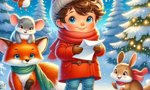 Un petit garçon de 4 ans, Lucas, sourit joyeusement en tenant une lettre froissée. Il porte un manteau rouge, une écharpe douce et un bonnet, se tenant dans une forêt enneigée, entouré de flocons de neige. À ses côtés, un renard orange le regarde avec curiosité, tandis qu'une petite souris grise saute de joie. Des lapins jouent autour d'eux. Le décor est une forêt magique avec des arbres couverts de neige, des étoiles dans le ciel et un sapin illuminé. Lucas, le renard et la souris chantent joyeusement devant la porte du Pôle Nord, attendant de rencontrer le Père Noël.