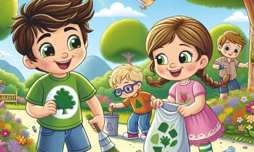 Un petit garçon de 6 ans, Tom, avec des cheveux bruns en bataille et des yeux curieux, se tient au centre de l'image. Il porte un t-shirt vert et un short bleu, souriant en ramassant des déchets dans un parc. À ses côtés, Lila, une fille de 6 ans avec de longs cheveux blonds tressés et une robe rose, l'aide avec un sac de recyclage. En arrière-plan, Lucas, un garçon de 7 ans avec des lunettes et des cheveux châtains, plante un petit arbre. Le parc est coloré, avec des fleurs, des arbres et des oiseaux, sous un ciel bleu ensoleillé. Tom et ses amis sont unis pour nettoyer le parc et protéger la nature, entourés de déchets et d'étoiles symbolisant leurs bonnes actions.