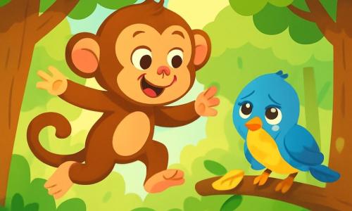Une guenon joyeuse, au pelage brun et aux yeux pétillants, saute de branche en branche dans une forêt enchantée. Elle sourit en tendant ses petites mains vers un oiseau. Un petit oiseau bleu, aux plumes éclatantes et à la poitrine dorée, est perché sur une branche, en larmes, cherchant sa plume perdue. Il regarde la guenon avec espoir. La forêt est luxuriante, avec des arbres épais, des feuilles brillantes et des fleurs colorées. Des rayons de soleil filtrent à travers le feuillage, créant des ombres dansantes. La guenon aide l'oiseau à retrouver sa plume dorée, symbolisant l'amitié et l'entraide dans un cadre magique.
