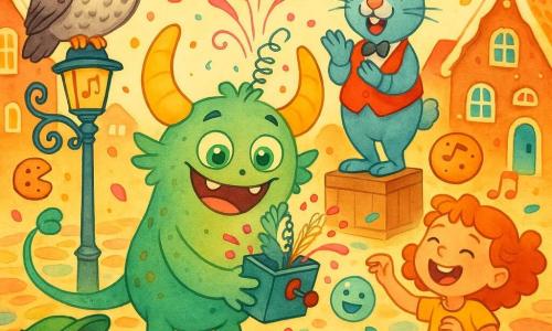Pipo, petit monstre joyeux et timide aux deux cornes en banane, trois yeux verts et queue qui fait 