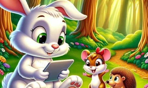 Rocco, un petit lapin au pelage blanc et aux grandes oreilles, est assis sur l'herbe avec un sourire, émerveillé par une tablette brillante qu'il tient dans ses pattes. À côté, Lila la souris, espiègle et impatiente de jouer, saute de joie avec un nœud rouge sur la tête. Max le hérisson, souriant et un peu en retrait, les regarde avec encouragement. La scène se déroule dans une forêt enchantée, baignée de lumière dorée, entourée de fleurs colorées et de grands arbres. Ils discutent joyeusement de l'équilibre entre le temps d'écran et le temps passé ensemble, prêts pour une journée d'aventures.