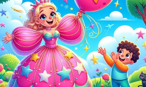 Super Marie, une femme souriante aux grands yeux pétillants, porte un costume rose brillant orné d'étoiles et de paillettes. Elle rit en essayant d'attraper un ballon qui s'envole, ses grandes manches flottant autour d'elle. À côté, un petit garçon d'environ 5 ans, avec des cheveux bouclés et un t-shirt bleu, regarde le ballon avec émerveillement, les bras levés en encouragement. Le décor est un parc ensoleillé avec des arbres verts, des fleurs colorées et un ciel bleu clair. Un grand arbre au centre a une branche basse où un chat noir est perché, miaulant doucement. Super Marie trébuche joyeusement dans l'herbe, tentant d'attraper le ballon, tandis que le petit garçon applaudit et rit, créant une atmosphère de joie et de légèreté.