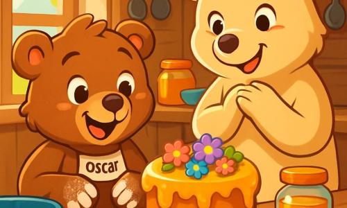 Un ours en peluche nommé Oscar, avec un pelage doux et brun, se tient devant une table en bois rustique, souriant et les pattes pleines de farine, admirant un gâteau au miel décoré de fleurs colorées. À côté de lui, sa maman ours, Maman Ours, avec un pelage crème, regarde le gâteau avec émerveillement, un sourire tendre sur le visage. La scène se déroule dans une cuisine accueillante, éclairée par la lumière filtrant à travers une fenêtre, avec des ingrédients éparpillés sur la table. Oscar, tout excité, est prêt à célébrer la fête des mères avec un cadeau fait maison, tandis que Maman Ours découvre la surprise avec amour.