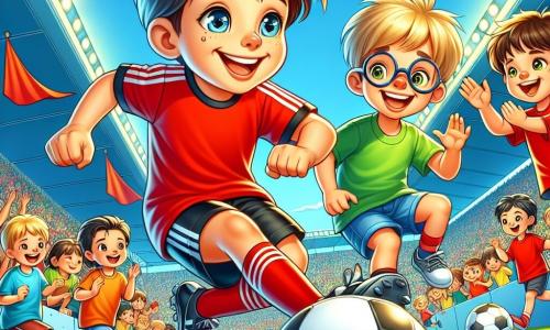 Maxime, un jeune homme souriant aux cheveux bruns et aux yeux pétillants, dribble un ballon de football sur un terrain, vêtu d'un maillot rouge et d'un short noir. À ses côtés, Tom, un garçon de 7 ans aux cheveux blonds et lunettes rondes, saute de joie avec son propre ballon. En arrière-plan, d'autres enfants admirent la scène, certains applaudissant et d'autres mimant des gestes de football. Le stade est ensoleillé, avec des gradins remplis de spectateurs et une pelouse verte. Maxime partage sa passion pour le football avec les enfants en leur montrant des dribbles tout en s'amusant.
