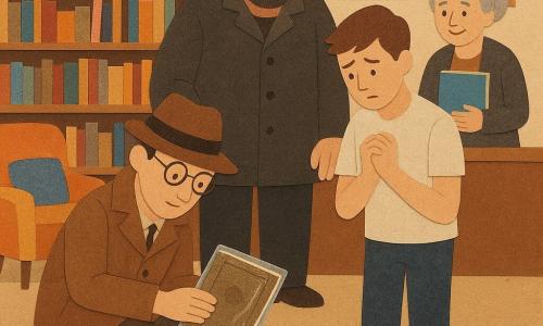 Un détective d’une quarantaine d’années, traits simples, lunettes rondes, imperméable brun et fedora, accroupi près d’une petite trappe sous une table basse, tient délicatement un livre ancien dans un sac plastique ; à ses côtés, Jules, environ 20 ans, cheveux courts bruns, t-shirt clair, l’air coupable et honteux, mains jointes, baisse les yeux en avouant. En arrière-plan, Nabil, gardien d’environ 45 ans à la silhouette large et blouse sombre, tient la trappe ouverte près d’une étagère, et Madame Violette, bibliothécaire d’environ 60 ans, petite aux cheveux gris en chignon, serre un livre contre sa poitrine et sourit soulagée derrière le comptoir. L’intérieur est une médiathèque chaleureuse avec rayonnages en bois, fauteuils colorés, une lampe basse diffusant une lumière douce ; l’ambiance est calme, tournée vers la réparation et la vérité.