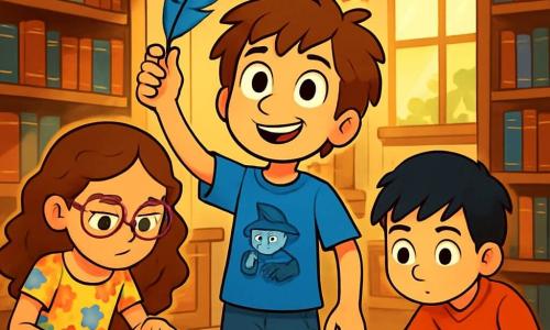 Jules, un garçon de 10 ans aux cheveux châtains en bataille et aux yeux curieux, se tient au centre de la bibliothèque, vêtu d'un t-shirt bleu de détective et d'un short en denim. Il exprime excitation et intrigue, tenant une plume bleue. À ses côtés, Lila, également âgée de 10 ans, observe un livre ancien avec attention, tandis que Sami, accroupi près d'une étagère, examine une vieille carte. La bibliothèque, vaste et mystérieuse, est remplie de livres aux couvertures dorées, illuminée par des rayons de lumière. Ensemble, ils mènent une enquête pour résoudre le mystère de la plume bleue et du chat qui a la clé, cherchant des indices avec enthousiasme.