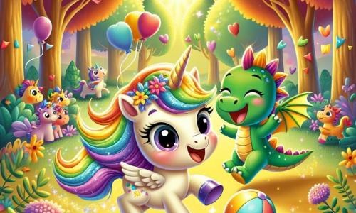 Une petite licorne nommée Lila, avec une crinière arc-en-ciel et un pelage scintillant, joue au ballon avec un grand sourire, exprimant sa joie pour la rentrée des classes. À côté, un dragon vert nommé Max, avec des écailles brillantes et des yeux pétillants, rit en courant après le ballon, montrant leur amitié et enthousiasme. En arrière-plan, une forêt magique baignée de lumière dorée, avec des arbres aux feuilles multicolores et des fleurs éclatantes, crée une ambiance festive. La scène illustre Lila et Max s'amusant ensemble, entourés d'autres créatures enchantées, symbolisant l'amitié et la magie de la rentrée scolaire.