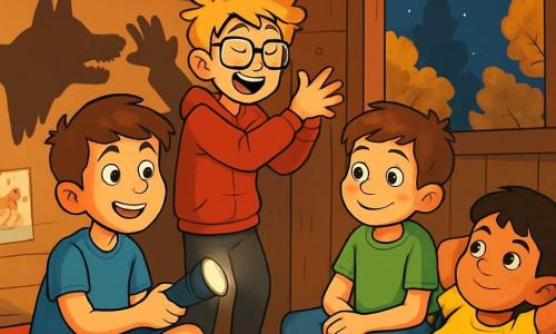 Quatre enfants sont réunis dans une cabane en bois rustique, nichée dans un jardin. Lucas, Maxime, Hugo et Théo, tous âgés de 10 ans, s'amusent ensemble. Lucas, assis sur un coussin, raconte une histoire en tenant une lampe de poche. Maxime fait des ombres sur le mur, tandis qu'Hugo, un peu timide, observe en souriant. Théo, allongé, écoute attentivement. La cabane est décorée de dessins et éclairée par une lanterne, créant une ambiance chaleureuse. À l'extérieur, des arbres aux feuilles dorées et une nuit étoilée ajoutent à la magie du moment. Les enfants rient et jouent, transformant leur peur du noir en une aventure joyeuse.