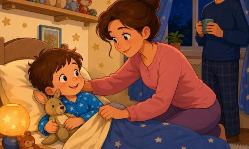 Léo, 4 ans, joyeux et un peu somnolent, sourit avec des joues rondes et des yeux pétillants, vêtu d’un pyjama bleu à petites étoiles blanches et serrant un doudou kangourou beige tout en s’agrippant à la couverture; sa maman d’environ 30 ans, calme et tendre, cheveux châtain en chignon, s’accroupit pour le border, une main sur son épaule et l’autre tirant la couverture; le papa, vers 35 ans, souriant et discret, se tient en silhouette près de la fenêtre avec une tasse de thé; la petite chambre chaleureuse a des murs crème décorés d’étoiles dorées, un rideau bleu à motifs d’étoiles, une lampe de chevet ronde à lumière orange, un tapis moelleux crème et une étagère avec livres et peluches; ambiance douce et réconfortante, légèrement espiègle après une partie de cache-cache.