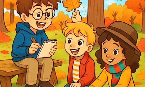 Trois personnages sont présents : Théo, un garçon de 10 ans avec des cheveux châtains en bataille et des lunettes rondes, portant un sweat bleu et un pantalon beige, assis sur une table en bois avec un carnet et un crayon, souriant. Sacha, également âgé de 10 ans, a des cheveux blonds et des yeux pétillants, vêtu d'une veste rouge et d'un t-shirt à rayures, se tient debout à côté de Théo, montrant une feuille d’automne avec enthousiasme. Lila, une fille de 9 ans avec des boucles brunes et un chapeau en feutre, porte une écharpe multicolore et une robe jaune, assise sur l'herbe en face d'eux, collant une feuille sur l'affiche qu'ils préparent ensemble. L'action se déroule dans un parc d'automne, entouré d'arbres aux feuilles rouges, oranges et jaunes, avec un sol recouvert de feuilles mortes. Les enfants travaillent ensemble sur une affiche colorée, entourés de trésors d'automne, partageant un moment de créativité et de joie.