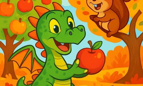 Un petit dragon nommé Flamme, avec des écailles vertes et des yeux jaunes, se tient au milieu d'un verger d'automne. Il sourit en tenant une pomme rouge dans ses griffes. À côté, un écureuil brun grimpe sur une branche, cachant des noisettes dans le sol. En arrière-plan, des pommiers chargés de fruits se dressent sous un ciel bleu, tandis que le sol est couvert de feuilles rouges, jaunes et oranges. Flamme et l'écureuil célèbrent la beauté de l'automne et la joie de l'amitié.