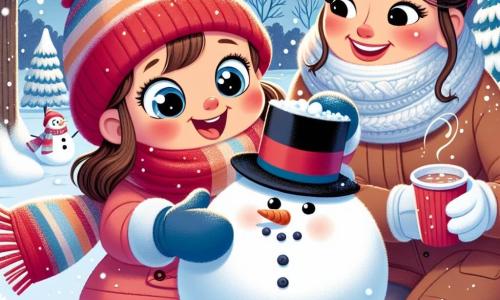 Une petite fille de 3 ans, Lila, avec de grands yeux pétillants et des joues roses, construit un bonhomme de neige dans un parc enneigé. Elle porte un bonnet rouge vif, une écharpe colorée et des gants bleus, riant joyeusement en roulant une boule de neige. À côté d'elle, sa maman, une femme d'une trentaine d'années avec des cheveux bruns attachés en chignon, sourit en l'observant, vêtue d'un manteau chaud et tenant une tasse de chocolat chaud. Le parc est hivernal et magique, avec des arbres recouverts de neige scintillante et un ciel bleu clair. Lila met un chapeau noir sur son bonhomme de neige, tandis que sa maman l'encourage avec un sourire, créant une atmosphère de bonheur.