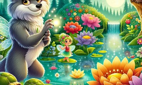 Au centre de l'image, Loupinou, un loup-garou au pelage gris argenté, se tient avec un regard déterminé et des yeux brillants. Il a des oreilles pointues et un sourire chaleureux, tenant la Perle de Lumière qui illumine son visage. À ses côtés, une petite fée pétillante danse joyeusement, ses yeux pétillants de malice. Un hibou sage, Hiboulette, observe la scène depuis une branche, tandis qu'une tortue rapide, Torti, se tient près de Loupinou, prête à l'aider. Le marais magique est rempli de fleurs éclatantes, de grandes feuilles brillantes sous le soleil et de ruisseaux scintillants. Loupinou, entouré de ses amis, est prêt à sauver son marais bien-aimé, créant une ambiance d'amitié et de magie.