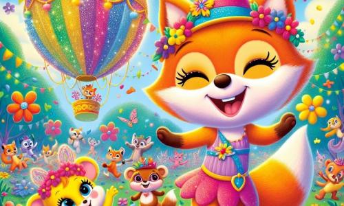 Félix, un petit renard joyeux au pelage orange vif et chapeau coloré, danse avec un sourire, entouré de fleurs multicolores au rythme de la musique du carnaval. À ses côtés, Mia, une petite souris avec des ailes de fée et une robe rose, tourne avec émerveillement. Dippy, un canard jaune souriant, les encourage en battant des ailes. La scène se déroule dans une clairière de la forêt, ornée de fleurs éclatantes et de guirlandes colorées, où des animaux dansent. Un énorme ballon brillant flotte dans le ciel, ajoutant une touche magique à l'ambiance festive. Félix et ses amis célèbrent le carnaval, riant et dansant ensemble autour du ballon symbolisant la joie et l'amitié.