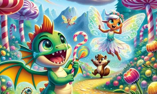 Flamme, un petit dragon aux écailles émeraude et aux yeux curieux, se tient au centre, souriant avec une Plume Arc-en-Ciel dans ses pattes. À ses côtés, Luminette, une fée lumineuse aux ailes étincelantes, vole joyeusement, les bras levés. En arrière-plan, Grignote, un écureuil aux poils bruns, saute de joie sur une branche. Le décor est une vallée magique avec des arbres en sucre d'orge colorés, des fleurs chantantes et un ciel bleu, où un nuage gris s'éloigne. La scène célèbre la victoire de Flamme et ses amis, symbolisant l'amitié et l'aventure.