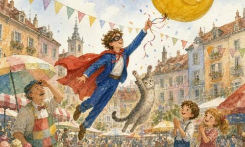 Arthur, souriant et ravi, en costume bleu et rouge avec cape, masque noir et cheveux en bataille, s'élève pour retenir un énorme ballon en forme de canard que menace d'emporter des parasols; à ses côtés Biscotte, chat gris malicieux, saute pour attraper le ruban; un vendeur de glaces d'une cinquantaine d'années, tablier multicolore, affiche une expression étonnée mais soulagée près d'un chariot à glaces à gauche; devant, un garçon de 7 ans et une fille de 6 ans se tiennent par la main et applaudissent, des confettis autour; décor : grande place pavée aux façades pastel, guirlandes et stands de fête sous un ciel clair aux touches aquarelle.