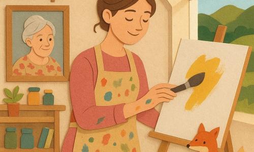 Femme artiste d’environ 30–40 ans, souriante, cheveux châtain en chignon lâche, taches de peinture sur mains et tablier, debout devant une grande toile en train d’appliquer de la peinture au large pinceau ; photo de la grand‑mère (70–80 ans, cheveux gris en chignon, robe à fleurs) posée sur une étagère, souriante comme un souvenir bienveillant ; un renard roux et un petit écureuil gris près d’un tapis, l’écureuil sur une pile de livres à côté d’un pot de pinceaux ; atelier lumineux avec grand velux, plancher en bois clair, étagères chargées de pots de peinture et toiles, plantes en pot et vue sur des collines vertes ; ambiance douce et inspirée, palette chaude (ocre, rose poudré, vert tendre), textures nettes et contours légèrement découpés évoquant des collages.