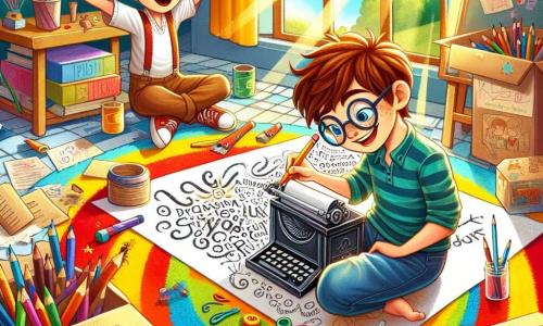 Lucas, un garçon de 10 ans aux cheveux bruns en bataille et lunettes rondes, sourit avec des yeux pétillants d'excitation, assis sur un tapis coloré entouré de boîtes en carton et de tubes en papier, dessinant des mots sur une grande feuille. À ses côtés, son ami Tom, aux cheveux blonds et aux taches de rousseur, l'observe avec admiration, crayon à la main. Leur laboratoire imaginaire est dans une salle de classe lumineuse, avec des murs décorés de dessins d'enfants et des fenêtres laissant entrer la lumière. Des livres et crayons éparpillés créent une ambiance joyeuse. Ils imaginent une machine à écrire magique qui transforme les lettres en mots parfaits, leurs visages rayonnants de bonheur et d'imagination.