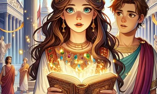 Cassia, une jeune femme d'environ 20 ans, se tient au centre de la scène, les yeux brillants de détermination. Elle a de longs cheveux bruns ondulés, une tunique colorée ornée de motifs antiques, et tient un grimoire ancien ouvert, entourée d'une lueur dorée magique. À ses côtés, Marcus, un garçon de 18 ans aux cheveux châtains, l'observe avec admiration et inquiétude, prêt à la soutenir. La scène se déroule dans le forum de Rome, un espace animé, entouré de colonnes en marbre et de statues. Cassia révèle un complot contre Jules César à un groupe de sénateurs, tandis qu'une lumière magique illumine son visage et attire l'attention de tous.