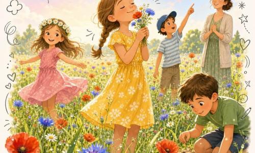 Lina, 8 ans, rayonnante, cheveux châtain clair en tresse, robe jaune, au centre inspirant le parfum des fleurs; Emma, ~7 ans, souriante, couronne de pâquerettes, robe rose, tournant à gauche; Paul, ~8 ans, curieux, genou à terre à droite observant des fourmis près d’un coquelicot; Lucas, ~8 ans, émerveillé, casquette bleue, pointant un oiseau sur une branche derrière le groupe; la maîtresse, femme douce, debout en arrière-plan, mains jointes, sourire; lieu : ancien champ derrière l’école devenu prairie sauvage de hautes herbes parsemée de coquelicots, bleuets et pâquerettes, rosée au matin et ciel pastel; ambiance : révélation printanière, couleurs vives, mouvement léger, chaleur poétique, petits doodles (papillons, graines, notes) autour des personnages.