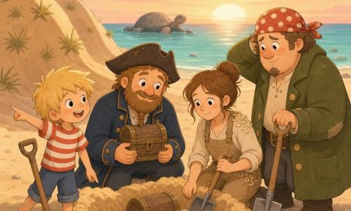 Un capitaine Malaud souriant et bienveillant, visage rond, courte barbe tressée, chapeau de pirate marron de travers, veste bleu marine à boutons dorés, tient un petit coffre en bois contre sa poitrine et regarde la dune avec tendresse; un garçon d’environ 10 ans, Pim le mousse, énergique, cheveux blonds en bataille, t-shirt rayé rouge et blanc, rit et montre la dune à gauche; Lila la charpentière, ~28 ans, sérieuse et douce, cheveux bruns attachés, salopette beige avec copeaux, tient une pelle à droite du coffre prête à creuser; un homme d’environ 35 ans, Capitaine Gribouille, maladroit mais attendri, manteau vert olive trop grand et bandana à pois, se tient derrière le groupe avec une pelle et une expression penaude adoucie; lieu : plage de sable doré avec dunes rondes, herbes d’étoile sommitales, un rocher en forme de tortue au loin, mer turquoise et ciel rose-orangé au coucher; situation : ils creusent ensemble pour enterrer et protéger un petit coffre de souvenirs posé sur une toile, pelles plantées, petite cloche en cuivre près du coffre, ambiance chaleureuse et coopérative, silhouettes simples, couleurs pastel, contours doux et ombres minimales.
