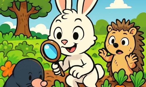 Théo, un lapin curieux aux grandes oreilles et à la fourrure blanche, se tient au centre de l'image avec un sourire malicieux, tenant une loupe en bois pour examiner le potager. À sa droite, Léon, un hérisson inquiet aux piquants bruns, le regarde avec curiosité. À gauche, Mimi, la taupe au pelage noir, creuse le sol avec détermination. Le potager est vibrant, rempli de carottes orange, de laitues vertes et de fleurs colorées, sous un ciel bleu parsemé de nuages. Théo et ses amis enquêtent sur le sol à la recherche d'indices, tandis que les carottes semblent les observer.