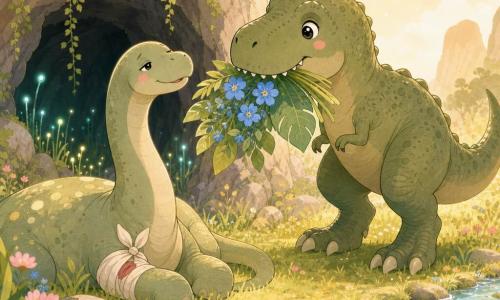 Un T-Rex vert olive souriant et déterminé apporte délicatement un bouquet de grandes feuilles et fleurs bleues dans sa gueule à un diplodocus long et doux, cou élancé et taches crème, allongé et visiblement soulagé, avec une écharpe improvisée autour d'une patte blessée; en arrière-plan l'entrée mousseuse d'une grotte et, autour, une clairière baignée de lumière dorée, herbes ondulantes, fleurs colorées et un petit ruisseau, le tout dans une palette douce (verts tendres, bleus clairs, jaunes chauds, accents roses) et un style kawaii minimal à formes simples et contours nets.