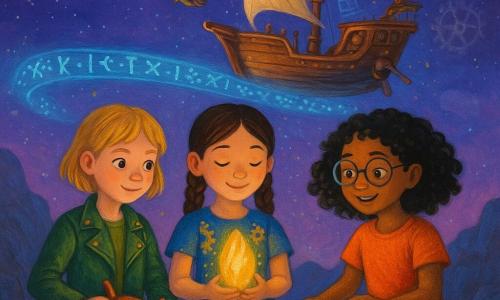 Trois filles de 7 ans réunies au sommet d'une montagne de roche grise polie : Lila, cheveux bruns en tresses, petite robe bleue à motifs d'engrenages dorés, tient un cristal lumineux au centre ; Zoé, cheveux blonds courts, veste en cuir vert à rivets cuivrés, tient la barre d'une caravelle comme pour la gouverner à gauche ; Jade, cheveux noirs bouclés, pantalon coloré et lunettes rondes, pointe une rune brillante sur une pierre à droite. Derrière elles, une caravelle en bois enchanté suspendue est reliée à la montagne par un pont de lumière flottant fait de runes azur, de petites machines volantes et une cascade de particules scintillantes se découpent sur un ciel violet étoilé agrémenté d'engrenages translucides. Les trois amies, main dans la main autour du cristal qui diffuse une douce lumière dorée, s'apprêtent au départ dans une ambiance science-fantasy lumineuse aux détails steampunk (engrenages, rivets, tuyaux cuivrés) et textures peintes à l'acrylique, couleurs vives et contrastées.