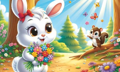 Un petit lapin nommé Loulou, avec un pelage blanc et de grandes oreilles, sourit en tenant des fleurs colorées. À sa droite, une petite souris nommée Minette, avec un pelage gris et un nœud rouge, l'encourage. À gauche, un écureuil nommé Grignote grimpe à un arbre, prêt à attraper les fleurs. La scène se déroule dans une forêt ensoleillée, avec des rayons de lumière, des fleurs multicolores et un chemin en terre battue. Loulou, Minette et Grignote courent joyeusement après des fleurs s'envolant dans le vent, créant une atmosphère de fête et d'amitié.