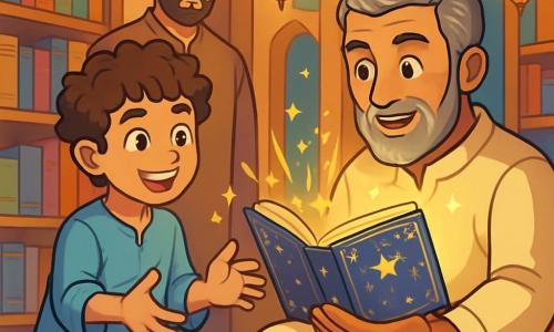 Samir, un jeune homme d'environ 12 ans aux cheveux bruns bouclés et aux yeux curieux, se tient au centre de la scène dans une librairie magique. Il porte une tunique en lin bleu clair et un pantalon beige, affichant un sourire joyeux. À ses côtés, Anwar, un homme d'environ 60 ans avec des cheveux poivre et sel et une barbe soignée, est assis sur un coussin, tenant un livre ancien et regardant Samir avec bienveillance. Rayan, un homme d'environ 30 ans au visage sérieux mais doux, observe la scène avec espoir. Les murs de la librairie sont ornés de livres colorés, et des lanternes diffusent une lumière chaleureuse. Samir tend les mains vers un livre aux marges étoilées pendant qu'Anwar lui parle d'histoires et de paix. Rayan semble prêt à s'engager dans cette quête, l'atmosphère étant empreinte de magie et de camaraderie, annonçant une aventure à venir.