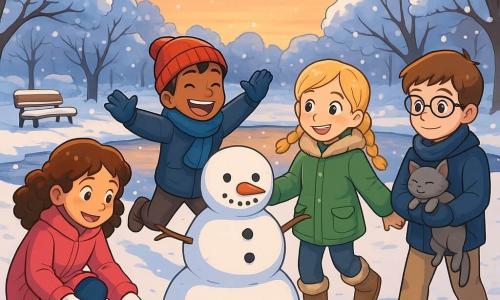 Il y a quatre enfants : Léa, une fille de 9 ans avec des cheveux bruns bouclés, en manteau rose vif et gants blancs, accroupie traçant un flocon dans la neige ; Malik, un garçon de 9 ans aux cheveux noirs courts, en écharpe bleue et bonnet rouge, glissant sur la neige en riant ; Zoé, une fille de 9 ans aux cheveux blonds tressés, en doudoune verte et bottes fourrées, marchant avec Tom en lui tenant la main ; Tom, un garçon de 9 ans avec des cheveux châtains et des lunettes, en manteau bleu marine, avançant lentement avec un petit chat dans les bras. L'image se déroule dans un parc hivernal recouvert de neige sous le soleil couchant, entouré d'arbres chargés de neige et d'un lac partiellement gelé. Les quatre amis s'amusent à construire un bonhomme de neige tout en riant et partageant des histoires, avec des flocons tombant doucement autour d'eux.