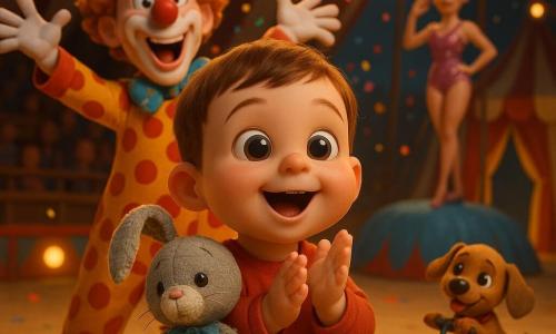 Un garçon de 2 ans, émerveillé et souriant, yeux ronds, joues roses, cheveux châtains courts, serre contre sa poitrine son doudou Lapinou gris et blanc aux coutures visibles et au ruban bleu clair, tandis qu'un clown adulte coloré au maquillage doux et costume à pois rouges et jaunes lance des confettis derrière lui, un petit chien brun avec nœud papillon rouge arrive doucement sur une trottinette et s'arrête au pied de la loge, et, à l'arrière-plan, une trapéziste en paillettes rose se tient sur un grand coussin bleu légèrement suspendue ; le tout sous un chapiteau rayé rouge et blanc avec gradins en bois, projecteurs chauds projetant des cercles de lumière dorée et confettis multicolores flottants, textures douces, couleurs vives et éclairage chaleureux avec ombres douces pour un rendu 3D de film d'animation accueillant.