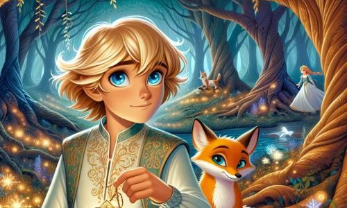 Au centre de l'image, Élior, un jeune prince de 12 ans, affiche une expression déterminée. Il a des yeux azur et des cheveux blonds flottant au vent, portant une tunique légère ornée de motifs dorés. Dans sa main, il tient un pendentif étoilé, symbole de courage. À ses côtés, Filou, un petit renard rusé au pelage orange vif, l'observe avec admiration, assis sur ses pattes arrière, prêt pour l'aventure. En arrière-plan, la Forêt des Murmures présente des arbres noueux et des fleurs luminescentes, créant une ambiance magique. Élior et Filou se tiennent devant une clairière lumineuse où une fée aux ailes scintillantes les attend, Élior semblant prêt à relever un défi tandis que Filou s'approche curieusement de la fée, instaurant une atmosphère d'émerveillement.