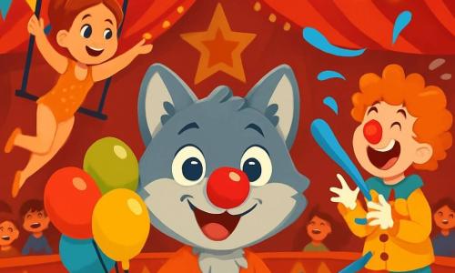 Un petit loup nommé Léo, avec un pelage gris et des yeux joyeux, se tient au centre de la scène, souriant. Il porte un nez de clown rouge et tient des ballons colorés. À sa droite, Coco, un clown avec des cheveux ébouriffés et un costume multicolore, rit en essayant de gonfler un ballon qui s'échappe. À gauche, Stella, une trapéziste gracieuse en costume scintillant, s'apprête à sauter, son visage rayonnant d'excitation. Le chapiteau de cirque est flamboyant, avec des lumières scintillantes et des banderoles colorées. Des spectateurs émerveillés attendent le spectacle, tandis que Léo et ses amis se préparent, créant une ambiance joyeuse et festive.