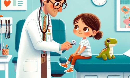 Le docteur Martin, un homme d'environ 40 ans en blouse blanche et lunettes rondes, sourit chaleureusement en examinant Clara, une petite fille de 8 ans assise sur la table d'examen. Ses grands yeux bruns trahissent une certaine appréhension, mais un léger sourire apparaît lorsqu'elle aperçoit le dinosaure en peluche que le docteur lui a apporté. La scène se déroule dans une salle d'examen lumineuse, aux murs bleu pastel, décorée de posters colorés sur la santé des enfants et de jouets sur une étagère. Le docteur Martin rassure Clara en lui expliquant l'examen tout en lui montrant le dinosaure, créant une atmosphère réconfortante.