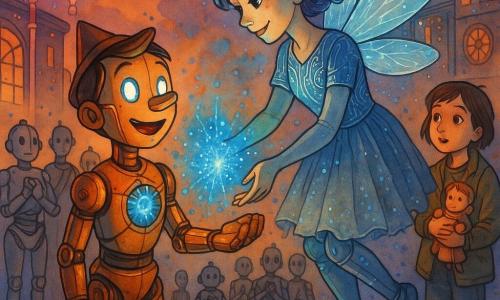 Pinocchio, petit robot en bois verni aux yeux LED brillants, regarde émerveillé en tendant la main gauche vers la Fée cybernétique — une femme légère aux ailes en fibre optique scintillante et robe de circuits qui effleure sa paume en libérant des étincelles bleues; une fillette d'une dizaine d'années, cheveux courts bruns et veste usée, observe à droite en tenant une poupée, tandis qu'en demi-cercle quelques robots aux silhouettes métalliques regardent attentifs; la scène se déroule sur une place futuriste mêlant pavés et plaques de métal, lampadaires holographiques et bâtiments en verre, au crépuscule violet-orange, alors que la Fée transfère une lueur bleue qui entoure le cœur mécanique de Pinocchio dans un moment magique d'espoir et de transformation.