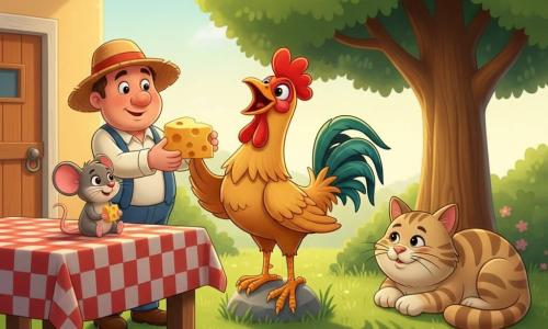 Un coq joyeux et fier aux plumes dorées et à la crête rouge chante sur une petite pierre, une petite souris grise nommée Mimi tient un morceau de fromage sur la nappe à gauche en souriant, un vieux chat paresseux appelé Minou, rayé beige et brun, est allongé à droite sous un grand arbre, la queue enroulée, et le fermier d’une cinquantaine d’années coiffé d’un chapeau de paille tend un gros morceau de fromage près de la porte de la cuisine ; le tout se passe dans une clairière lumineuse près de la ferme avec herbe verte, petites fleurs jaunes, une table en bois rustique à nappe à carreaux rouges et une atmosphère chaleureuse, couleurs vives et expressions douces, composition centrée pour les tout-petits.