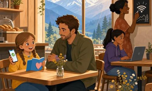 Dans un petit café chaleureux en montagne, Lina, 8 ans, cheveux châtain clair en deux nattes, veste jaune et jean, est assise à une table en bois, soulagée et souriante, tenant un carnet bleu ouvert et un smartphone affichant « envoyé ». En face, son père d'environ 35 ans, barbe légère et veste kaki, la regarde avec douceur, un sac à dos à ses pieds. À côté, une femme d'environ 40 ans aux cheveux noirs attachés, en robe à motifs, montre une ardoise indiquant le code Wi‑Fi tandis qu'une adolescente assise regarde un ordinateur portable ; la lumière dorée traverse une grande fenêtre sur des montagnes bleues et blanches, un vase de fleurs sauvages, du pain chaud et une ardoise murale complètent la scène.