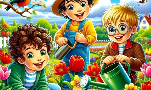 Dans un jardin coloré, trois garçons de 8 ans sont en pleine activité. Max, aux cheveux bruns et bouclés, plante des graines avec un sourire. Hugo, aux cheveux blonds, tient un arrosoir pour arroser les pousses. Lucas, aux cheveux châtains et lunettes rondes, observe un ver de terre. Le jardin est rempli de fleurs éclatantes et un pommier en fleurs se dresse en arrière-plan. Les garçons découvrent la magie du jardinage au printemps.